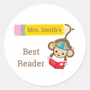 Best Reader Customizable Monkey Reading Book Classic Round Sticker