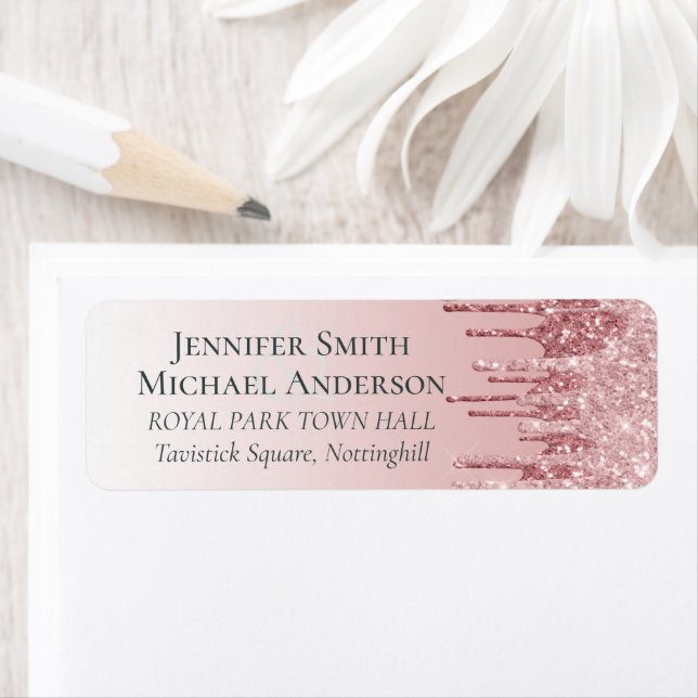 Best Rose Gold Pink Glitter Wedding Label (Insitu)