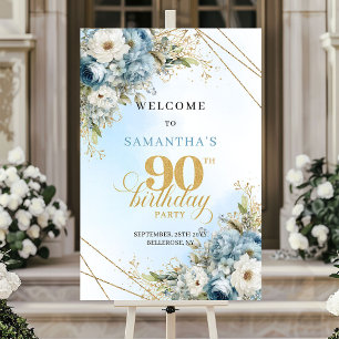 Best Rustic dusty blue gold 90th birthday welcome Poster