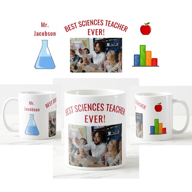 Best Sciences Teacher Ever Name Appreciation Photo Coffee Mug (Best Sciences Teacher Ever photo mug. Name. Beaker. Bar Graph. Apple. Cute teacher appreciation mug)