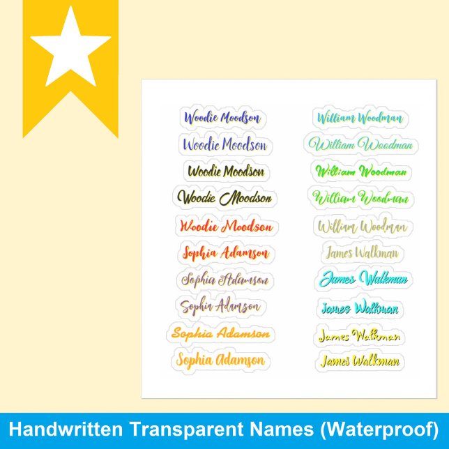 Best Set of 20, Colorful Transparent Name Stickers (Personalized name labels for kids)
