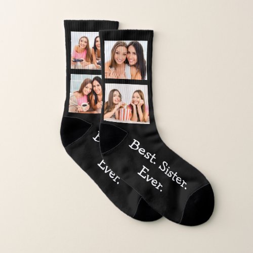 Best Sister Ever Fun 4 Photo Collage Black Small Socks