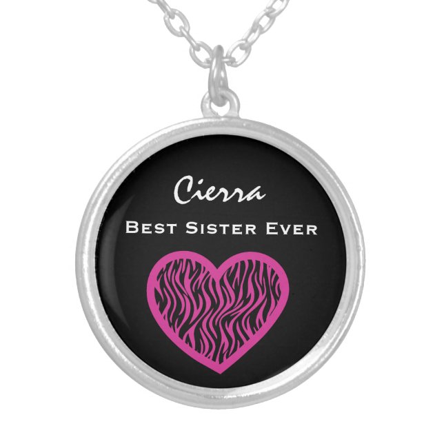Best Sister Ever PINK BLACK  ZEBRA Heart V026 Silver Plated Necklace (Front)
