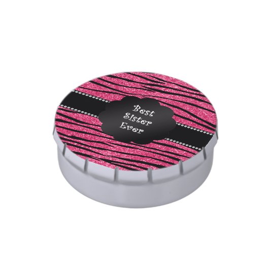 Best sister ever pink glitter zebra stripes jelly belly candy tin (Side)