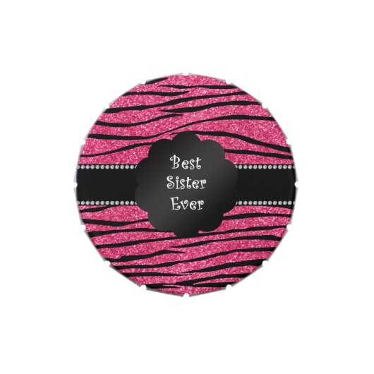 Best sister ever pink glitter zebra stripes jelly belly candy tin (Top)