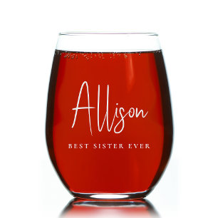 Best Sister Ever Script Monogram Stemless Wine Glass