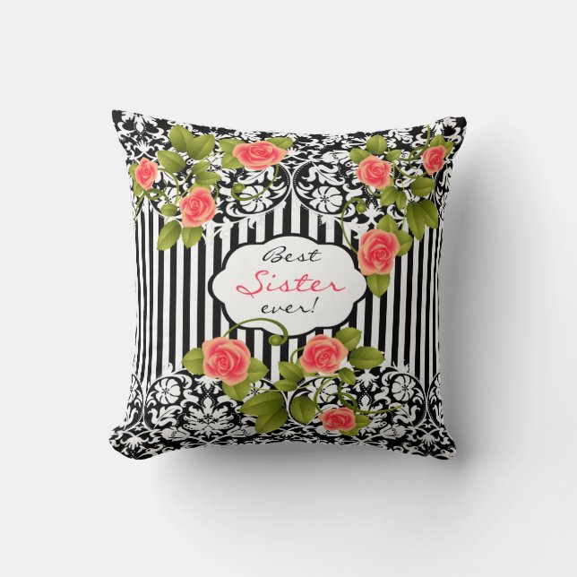 Best Sister Ever with Coral Roses! Throw Pillow (Front)