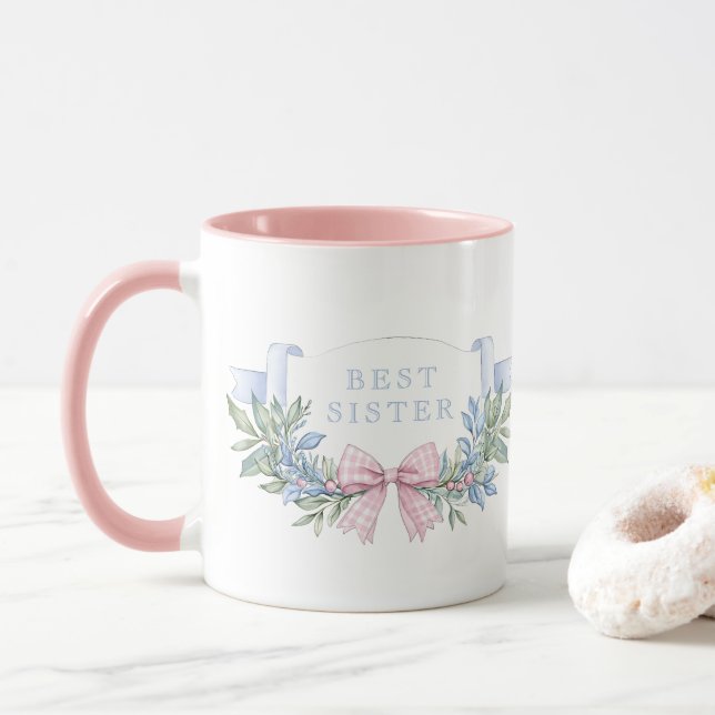 Best Sister | Pink Gingham Grandmillennial Mug (With Donut)