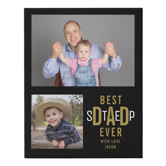 Best Step Dad Ever 2 Photo Collage Black And Gold Faux Canvas Print (Front)