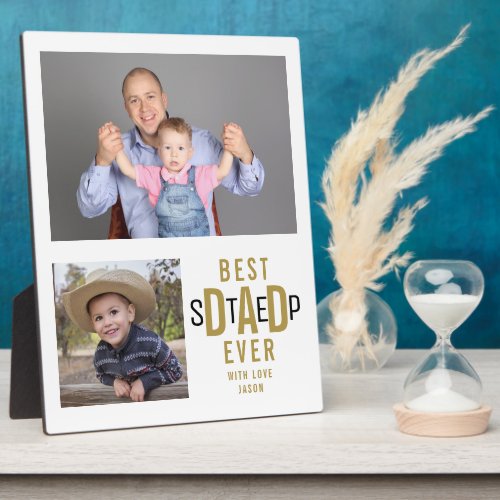Best Step Dad Ever 2 Photo  Collage White And Gold Plaque