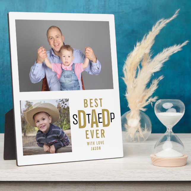 Best Step Dad Ever 2 Photo  Collage White And Gold Plaque (Side)