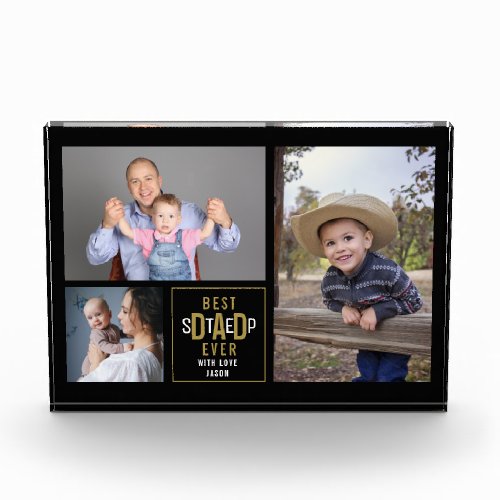 Best Step Dad Ever 3 Photo Collage Black And Gold 