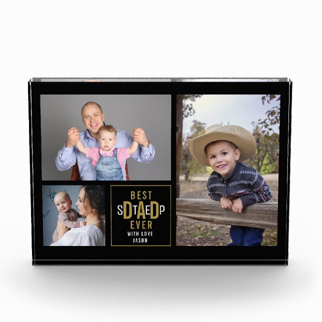 Best Step Dad Ever 3 Photo Collage Black And Gold  (Front)