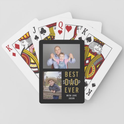 Best Step Dad Ever 4 Photo Collage Black And Gold Playing Cards