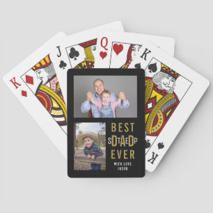 Best Step Dad Ever 4 Photo Collage Black And Gold Poker Cards