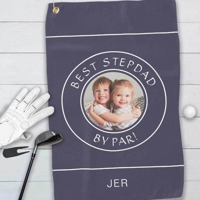 Best Stepdad By Par Golfer Modern Photo Blue White Golf Towel (Creator Uploaded)