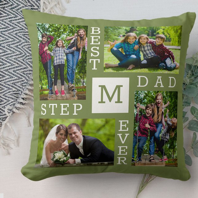Best Stepdad Ever 4 Photo Green White Monogrammed Throw Pillow (Creator Uploaded)