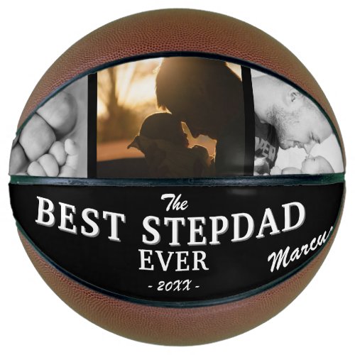 Best Stepdad Ever Father`s Day Keepsake 3 Photo  Basketball - Modern Black Best Stepdad Ever Father`s Day Basketball with 3 Photo Collage and Name. This custom and personalized basketball is a perfect gift for a stepdad on Father`s Day or for a birthday. Add 3 photos, dad`s name and the year. You can change any text on the basketball. A great gift to remember and a keepsake basketball for a stepdad who loves sports.