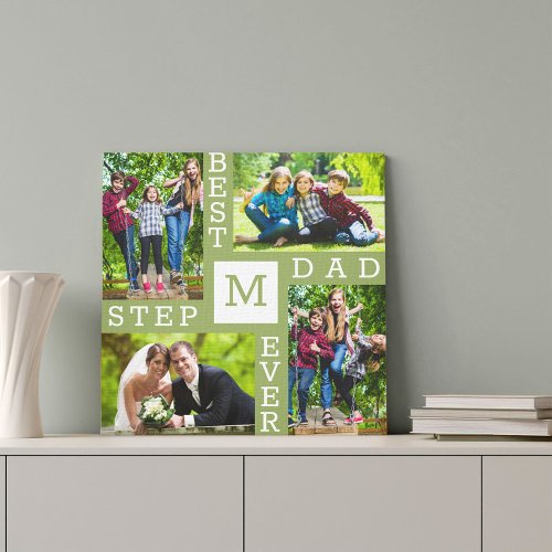 Best Stepdad Ever Moss Green 4 Photo Collage Canvas Print