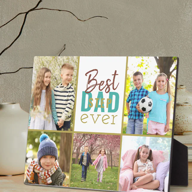 A plaque with a collage of images featuring a boy and girl designed to be given to a stepdad. 