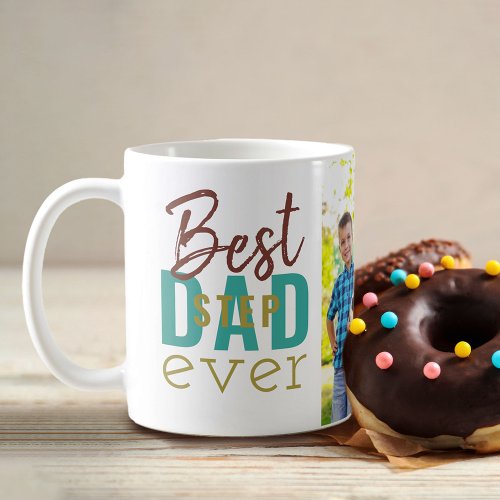 Best Stepdad Ever Teal Gold Typography and Photo Coffee Mug