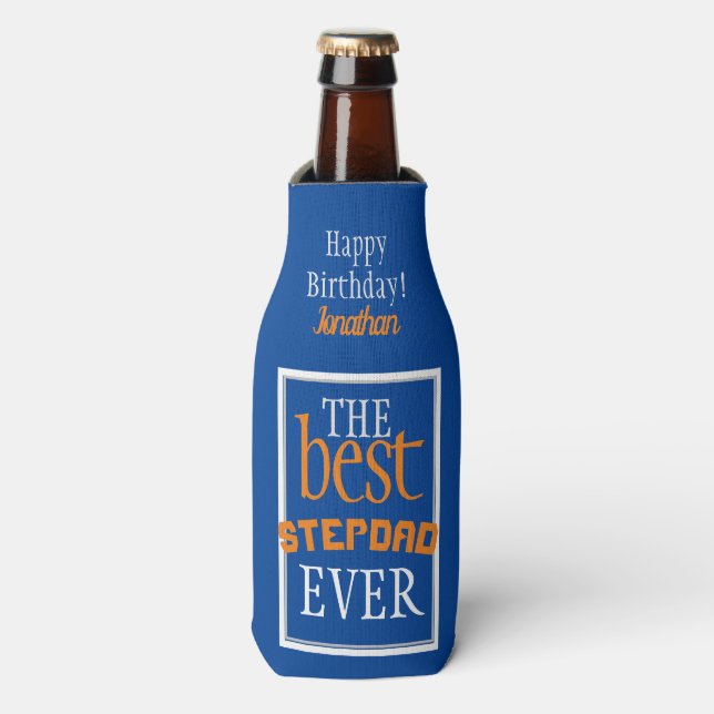 Best Stepdad Ever Typography Blue Bottle Cooler (Bottle Front)