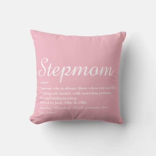 Best Stepmom Stepmother Definition Pink Script Throw Pillow