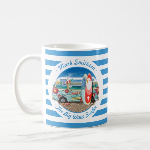 Best Surfer Cornish Beach Camper Van Blue Stripe Coffee Mug