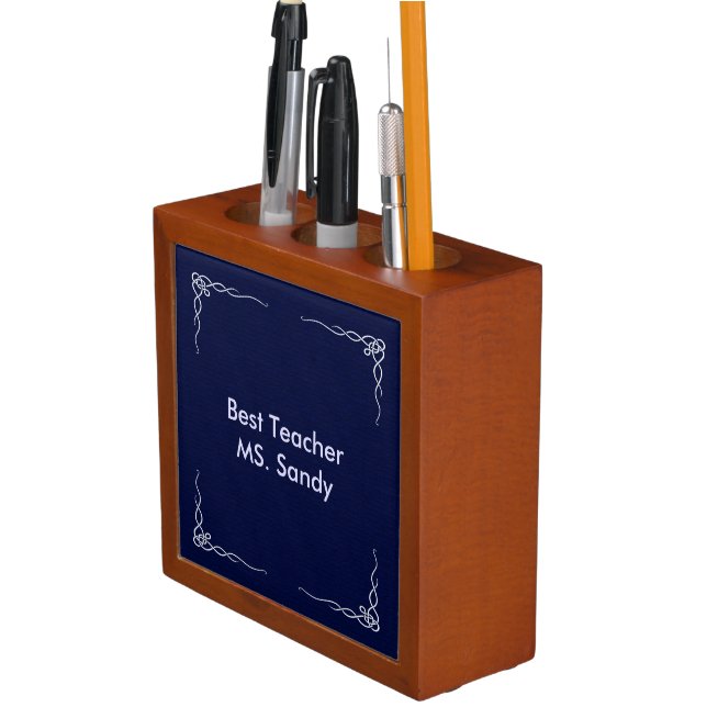 Best Teacher Add Name Textured Dark Blue Desk Organizer (In Situ)