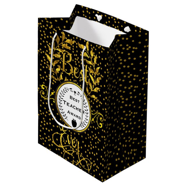 Best Teacher Award Gold with Black Thank You Medium Gift Bag (Front Angled)