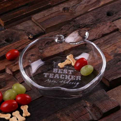 Best Teacher Engraved Glass Apple Shaped Bowl 