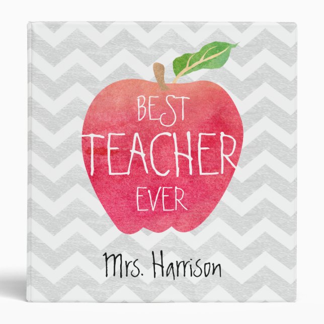 Best Teacher Ever Apple Gray Chevron Personalized 3 Ring Binder (Front)
