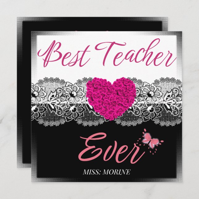 Best Teacher Ever Black & White with Pink Heart  Thank You Card (Front/Back)