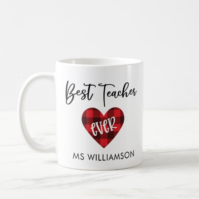 Best Teacher Ever Buffalo Plaid Heart  Coffee Mug (Left)
