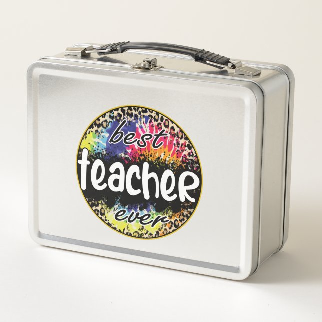 Best Teacher Ever – Colorful Leopard Print Metal Lunch Box (Front)