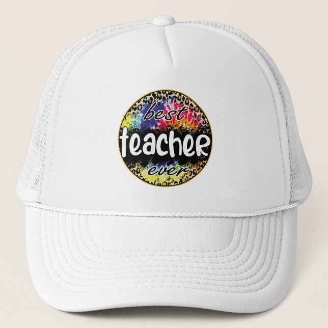Best Teacher Ever – Colorful Leopard Print Trucker Hat (Front)