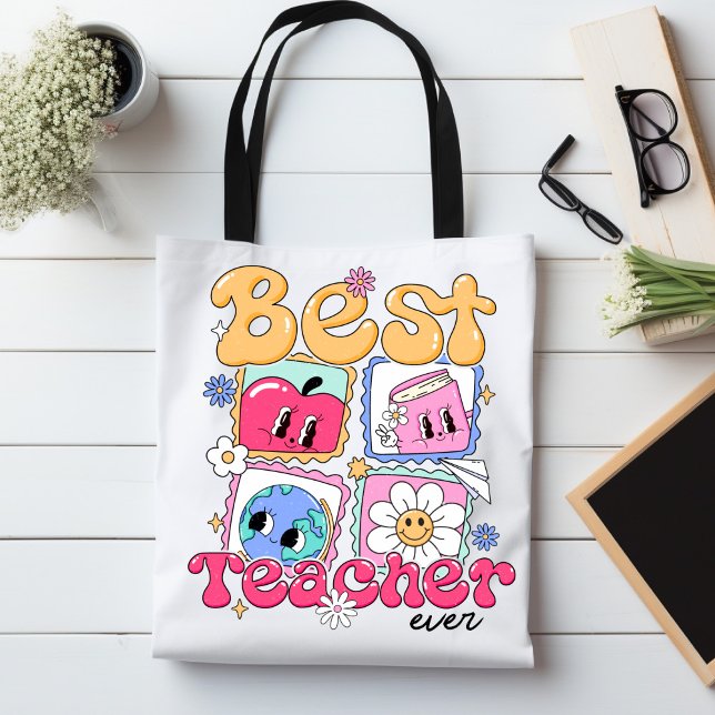 Best Teacher Ever Cute Retro Appreciation Gift Tote Bag (Creator Uploaded)