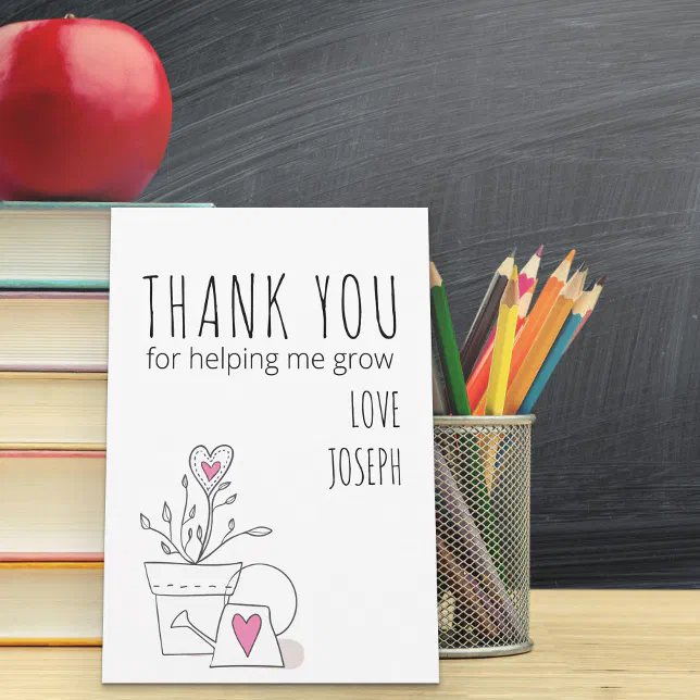 Best Teacher Ever Doodle Art Plant and Pink Heart Thank You Card | Zazzle