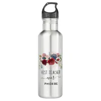 Pretty Best Teacher - Floral - Pink Stainless Steel Water Bottle with Straw
