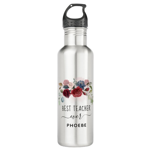 Best Teacher Ever Floral Custom Name Stainless Steel Water Bottle (Front)