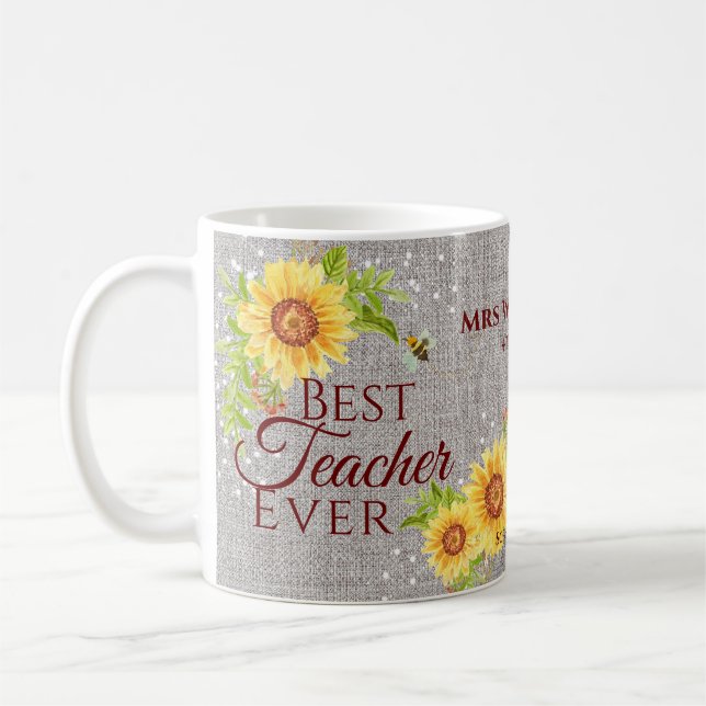 Best Teacher Ever Floral Sunflower Burlap Mug (Left)