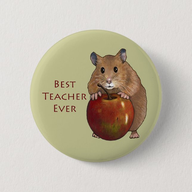 Best Teacher Ever: Hamster With Apple: Art Pinback Button (Front)