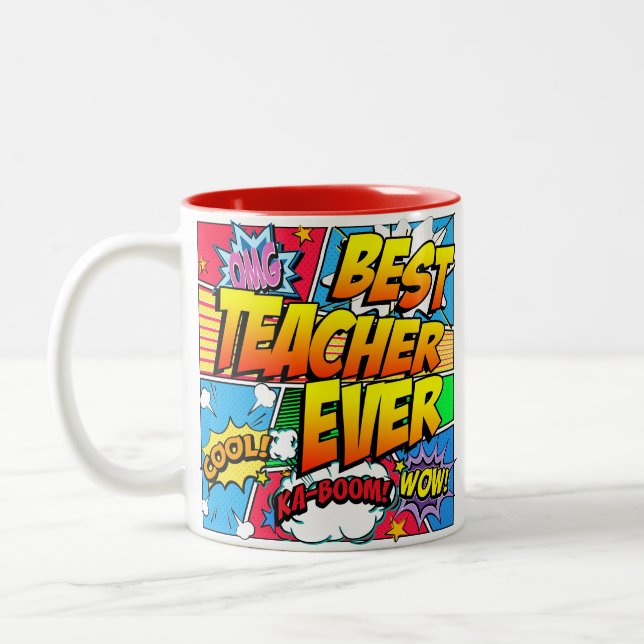 Best Teacher Ever Male Personalize Comic Book Two-Tone Coffee Mug (Left)