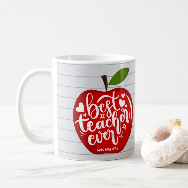 Best Teacher Ever Name Red Apple Back to School Co Coffee Mug (With Donut)