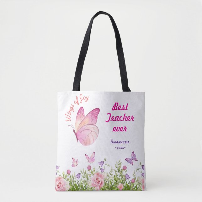 Best Teacher ever Personalized Butterfly pink Tote Bag (Front)
