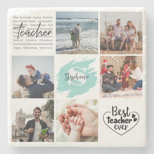 Best Teacher Ever Personalized Photo Collage Stone Coaster (Front)