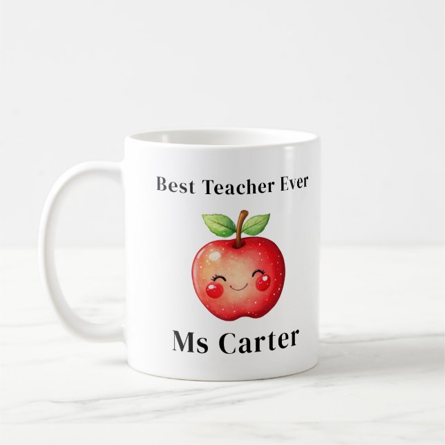 Best Teacher Ever Red Apple Face Personalized Gift Coffee Mug (Left)