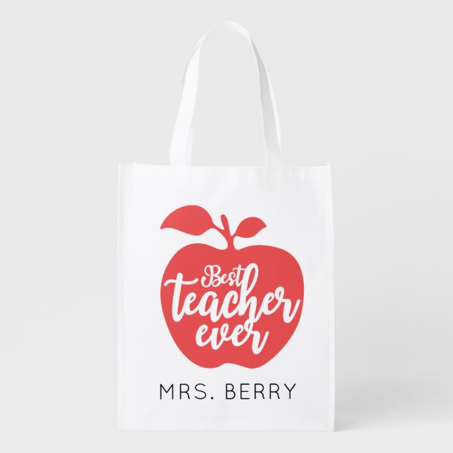 Best Teacher Ever Red Apple Personalized Grocery Bag (Front)