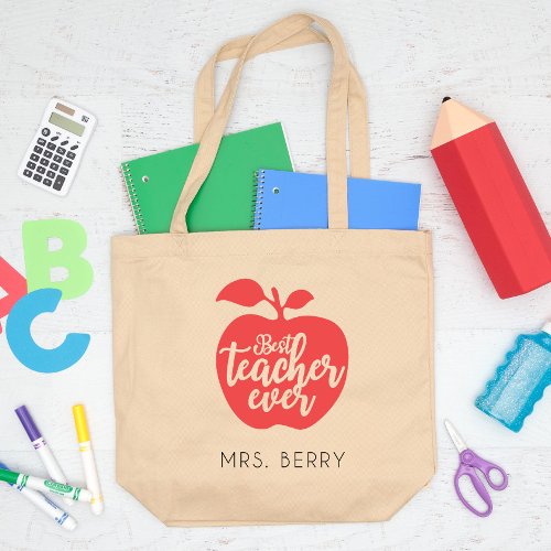 Best Teacher Ever Red Apple Personalized Large Tote Bag