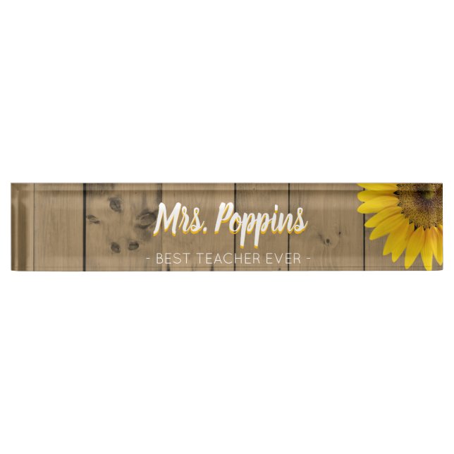 Best Teacher Gift Name Rustic Wood Sunflower Name Plate (Front)